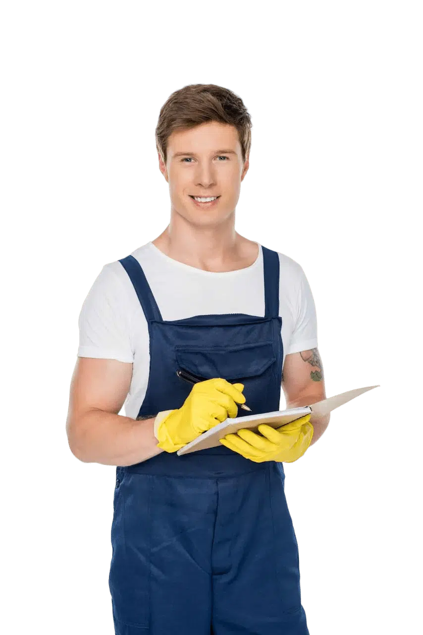 portrait of smiling cleaner in rubber gloves with notebook looking at camera isolated on white Photoroom Flächenreinigung und Wassertechnik Hannover