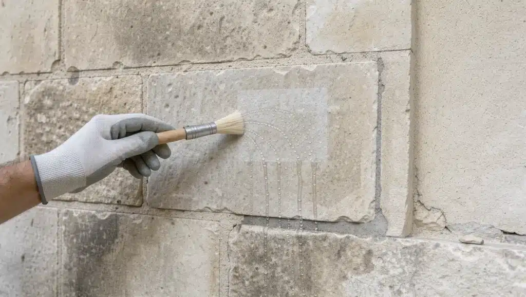 Fassadenreinigung in Celle: Was Eigentümer vorab zum Denkmalschutz klären sollten 2 Eine behutsame Probefläche an einer historischen Fassade wird mit Bürste und Wasser geprüft.
