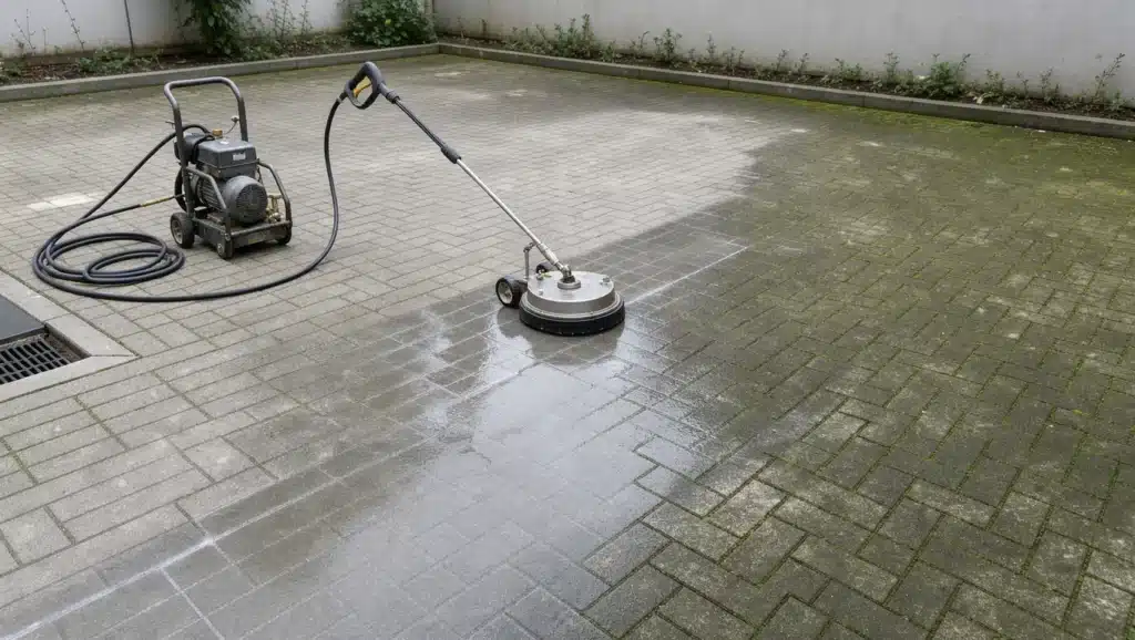 Ein Teil der gewerblichen Pflasterfläche ist frisch gereinigt, daneben sind noch Moos und Ablagerungen sichtbar.