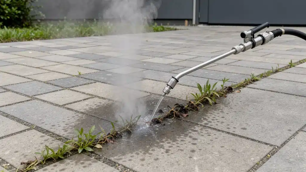 Eine Heißwasserlanze behandelt Unkraut in den Fugen eines gepflasterten Außenbereichs.
